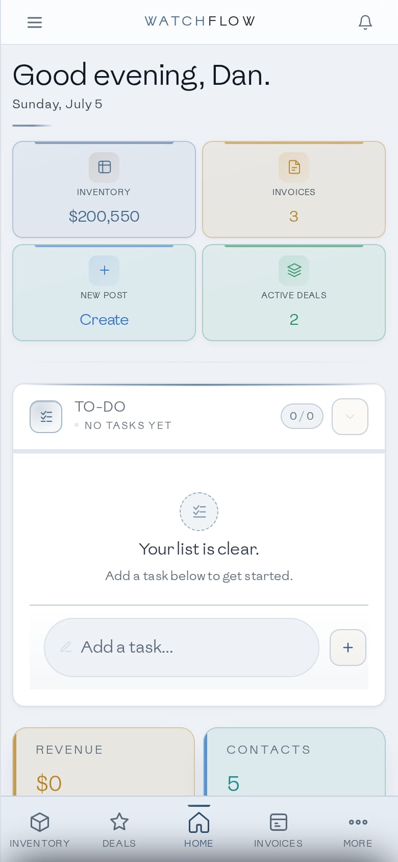 WatchFlow dashboard on iPhone — day