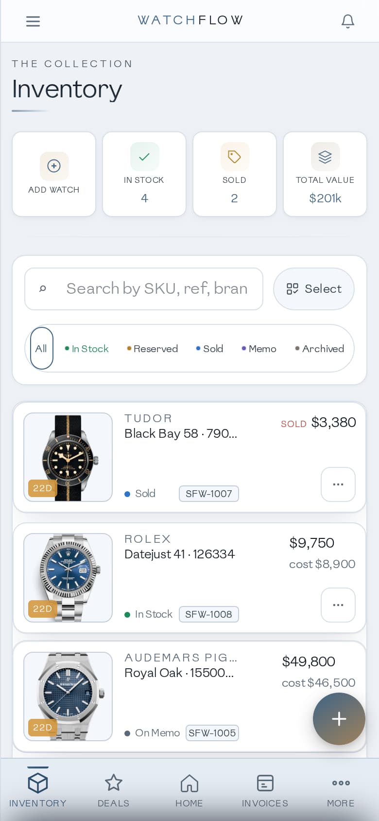 WatchFlow inventory on iPhone — day