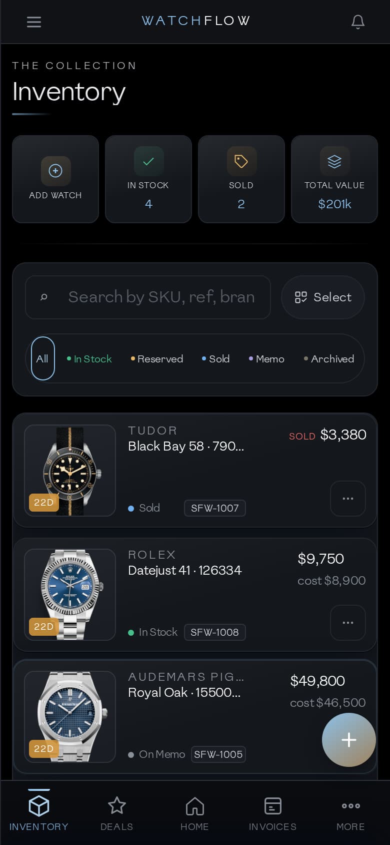 WatchFlow inventory on iPhone — night