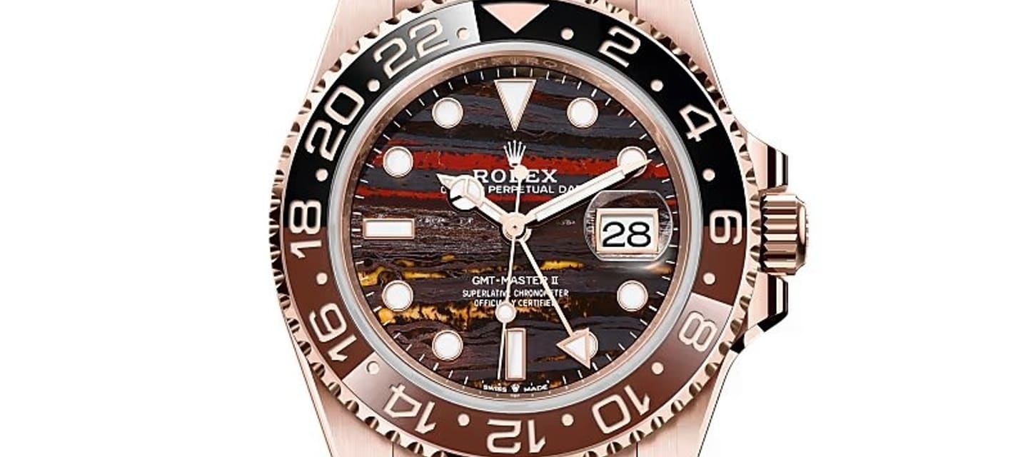Rolex GMT-Master II in rose gold with tiger-iron dial
